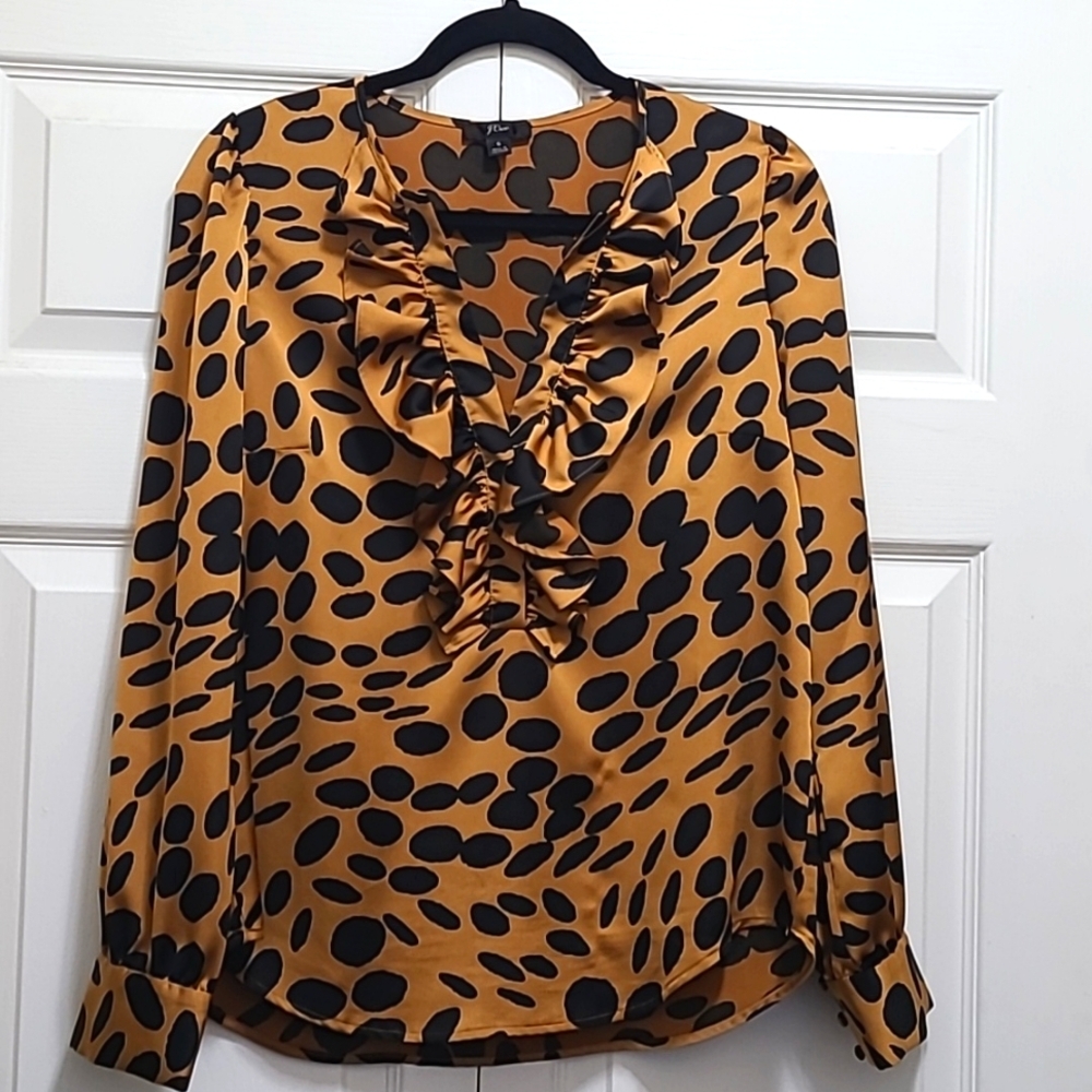 J. Crew‎ spotted v neck ruffled front blouse size small snag flaw CARAMEL BLACK